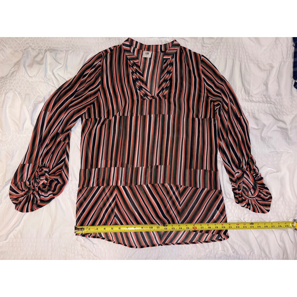 Cabi Women Striped Sheer Blouse Orange Green Black Knot Sleeve Large T04-25
